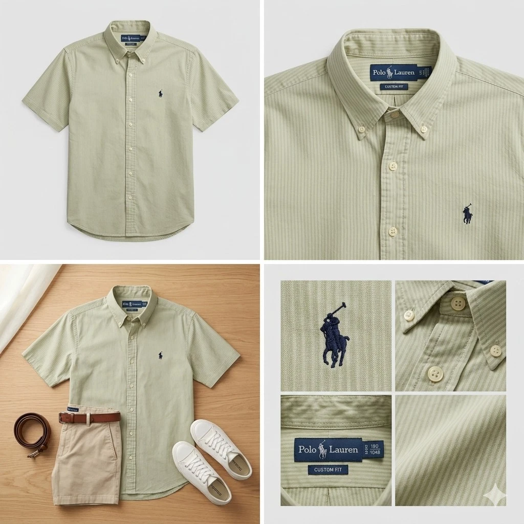 Polo Ralph Lauren Custom Fit Shirt L Sage Green Pinstripe