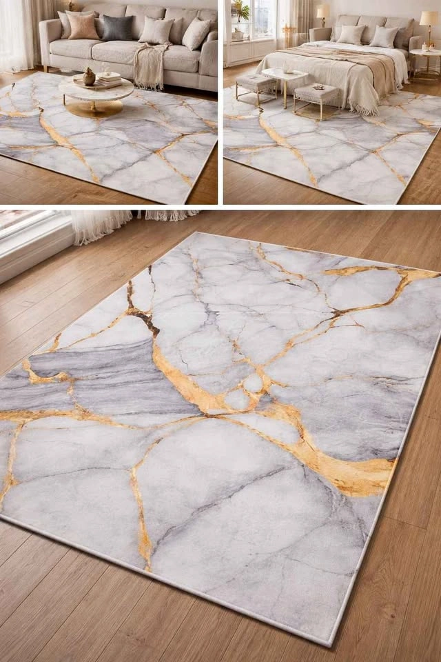 5x7 Grey Gold Marble Area Rug – Non-Slip Washable Carpet 5'x7' (