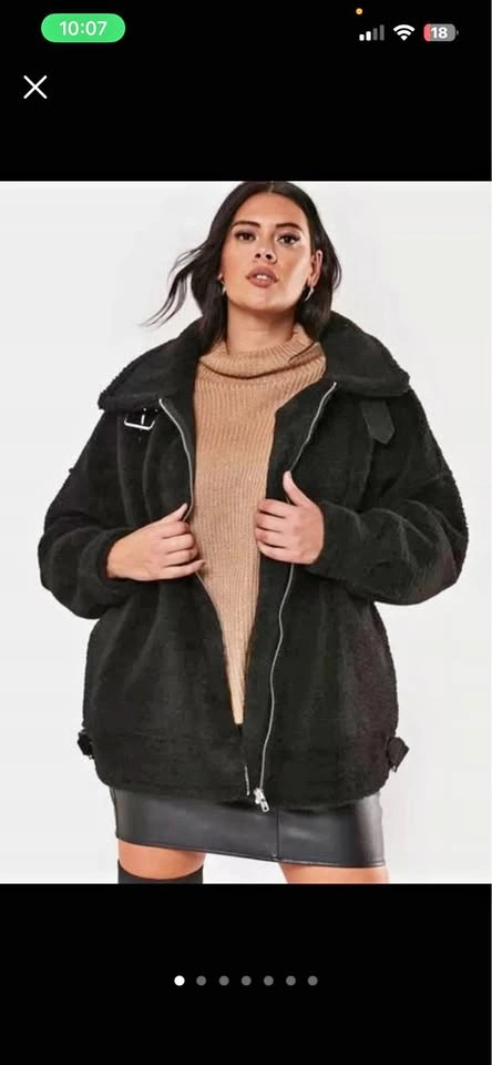Missguided Black Aviator Teddy Mid-Length Coat, Size US 18