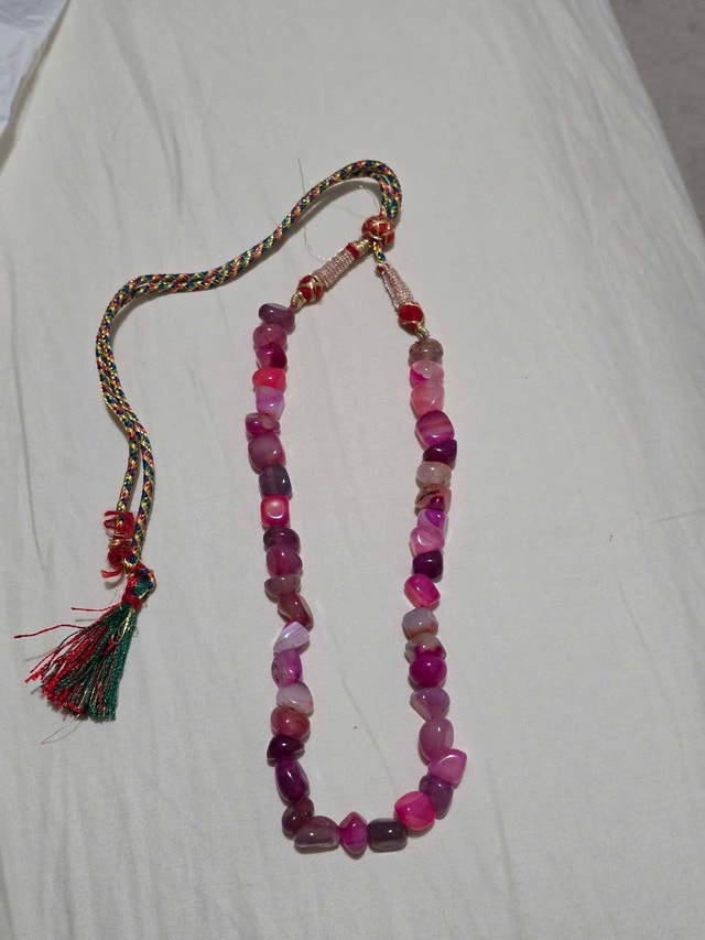 Unique Beaded Necklace - Pink Stone, Colorful Rope & Tassel