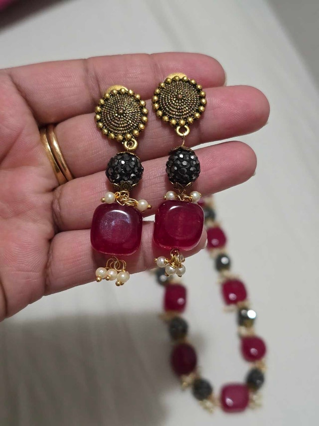 Beaded Necklace and Earrings Set - Red & Grey - photo 2