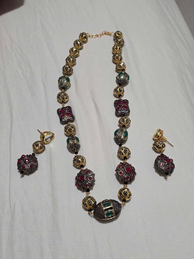 Used Necklace and Earring Set with Ruby & Emerald Accents