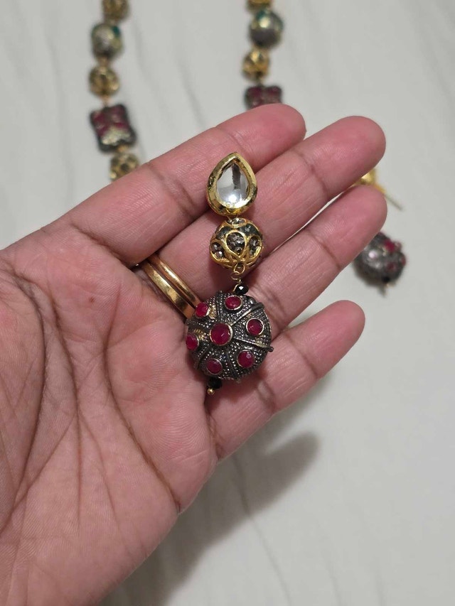 Used Necklace and Earring Set with Ruby & Emerald Accents - photo 2