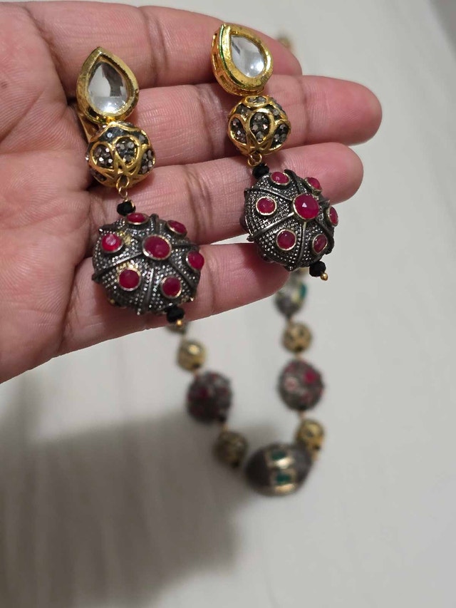 Used Necklace and Earring Set with Ruby & Emerald Accents - photo 3