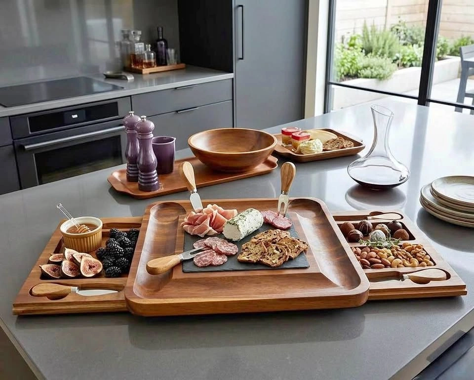 Elegant Acacia Wood Charcuterie Board Set with slide-out drawers