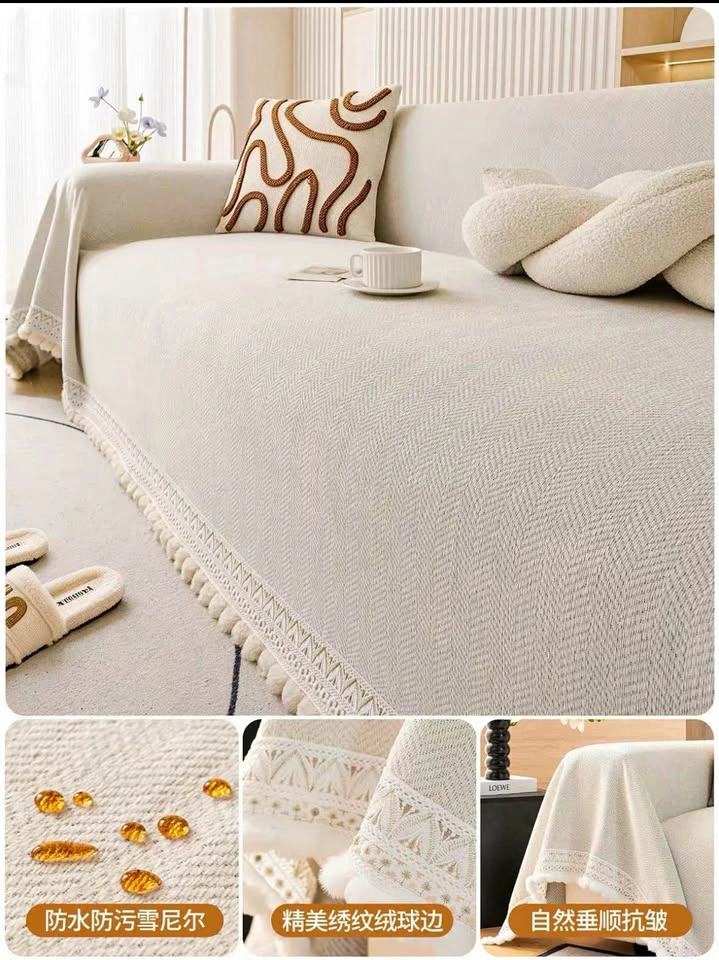 Cream Waterproof Sofa Cover with Pom-Pom Trim