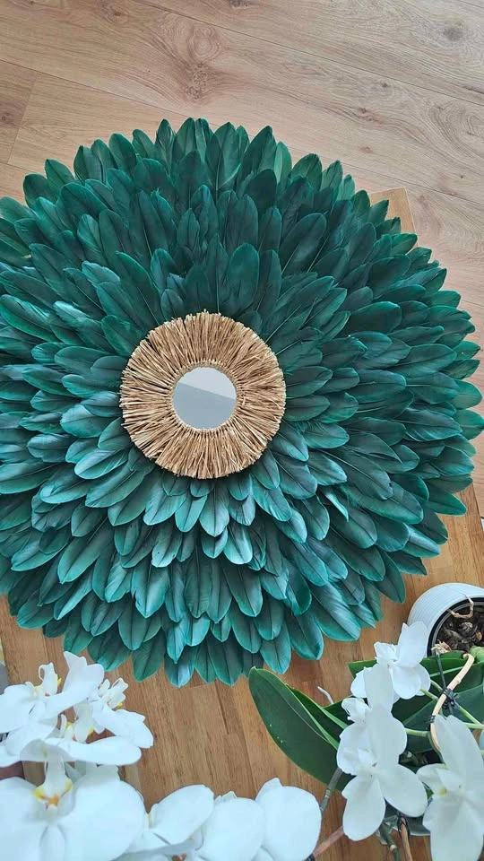 Jujuhat Wall Decor - Green Feather & Gold Raphia w/ Mirror