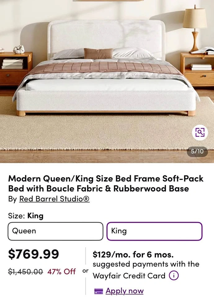 Modern King Size Bed with Boucle Fabric