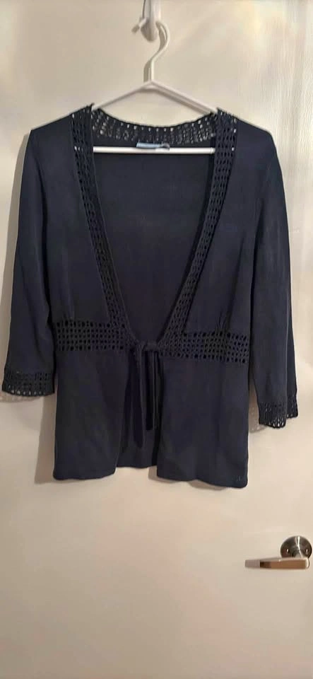 Denver Hayes Navy 3/4 Sleeve Sweater with Crochet Detail - Size