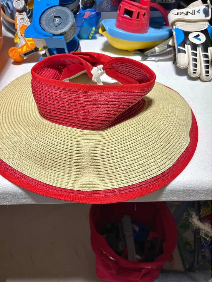 Sun hat -red and straw -Velcro closure