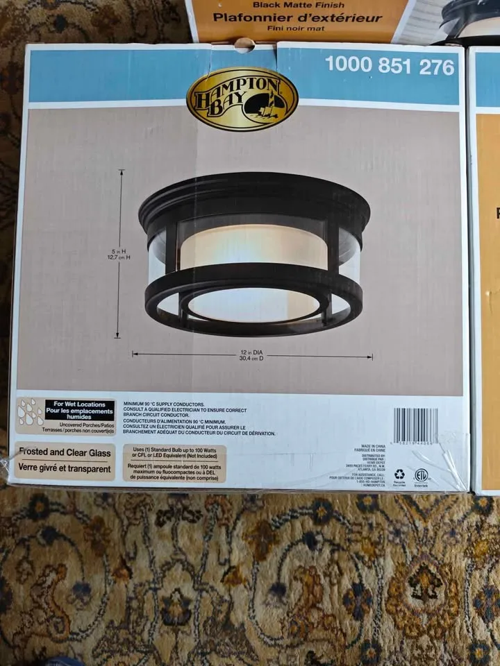 Hampton Bay 100W 1-Light Matte Black Outdoor Flushmount image indicator(2)