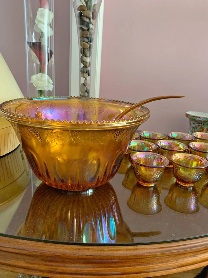 Vintage Carnival Glass Punch Bowl Set