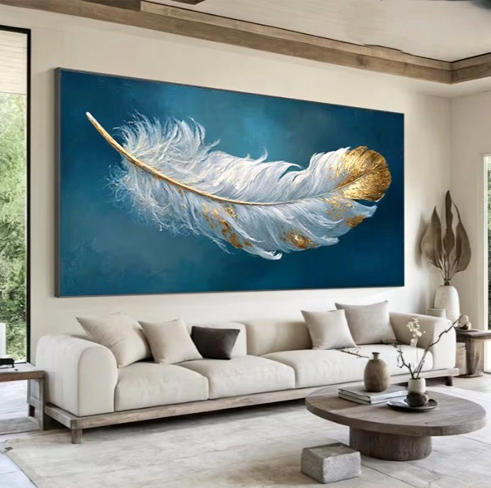 Large Feather Canvas Wall Art 52x24 – Modern Gold Blue Living Ro
