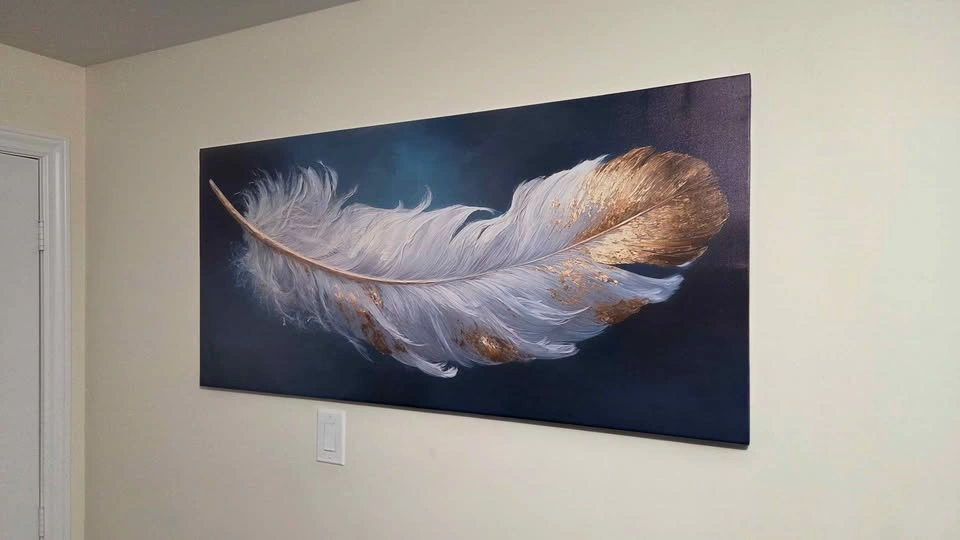 Large Feather Canvas Wall Art 52x24 – Modern Gold Blue Living Ro - photo 3