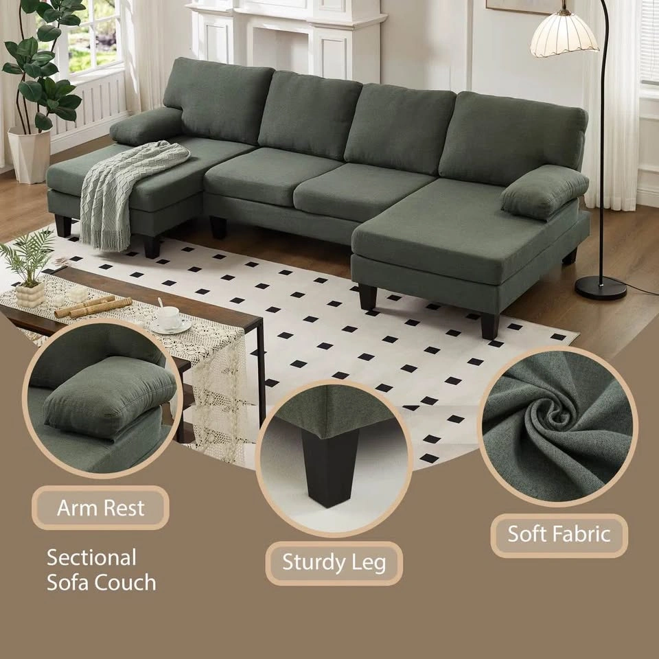 106.3" U-Shaped Sectional Sofa - Green Fabric - photo 2
