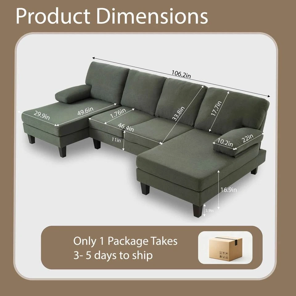 106.3" U-Shaped Sectional Sofa - Green Fabric - photo 3
