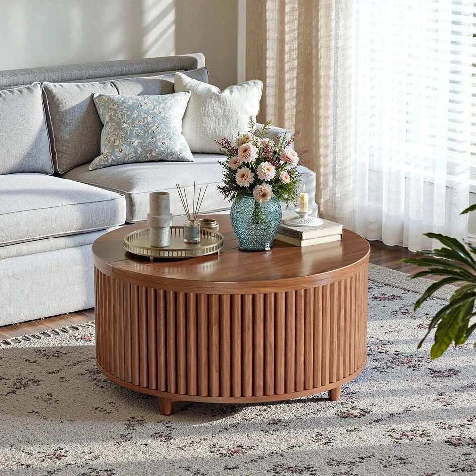 31.5" Round Fluted Lift-Top Coffee Table with Storage - Mid-Cent