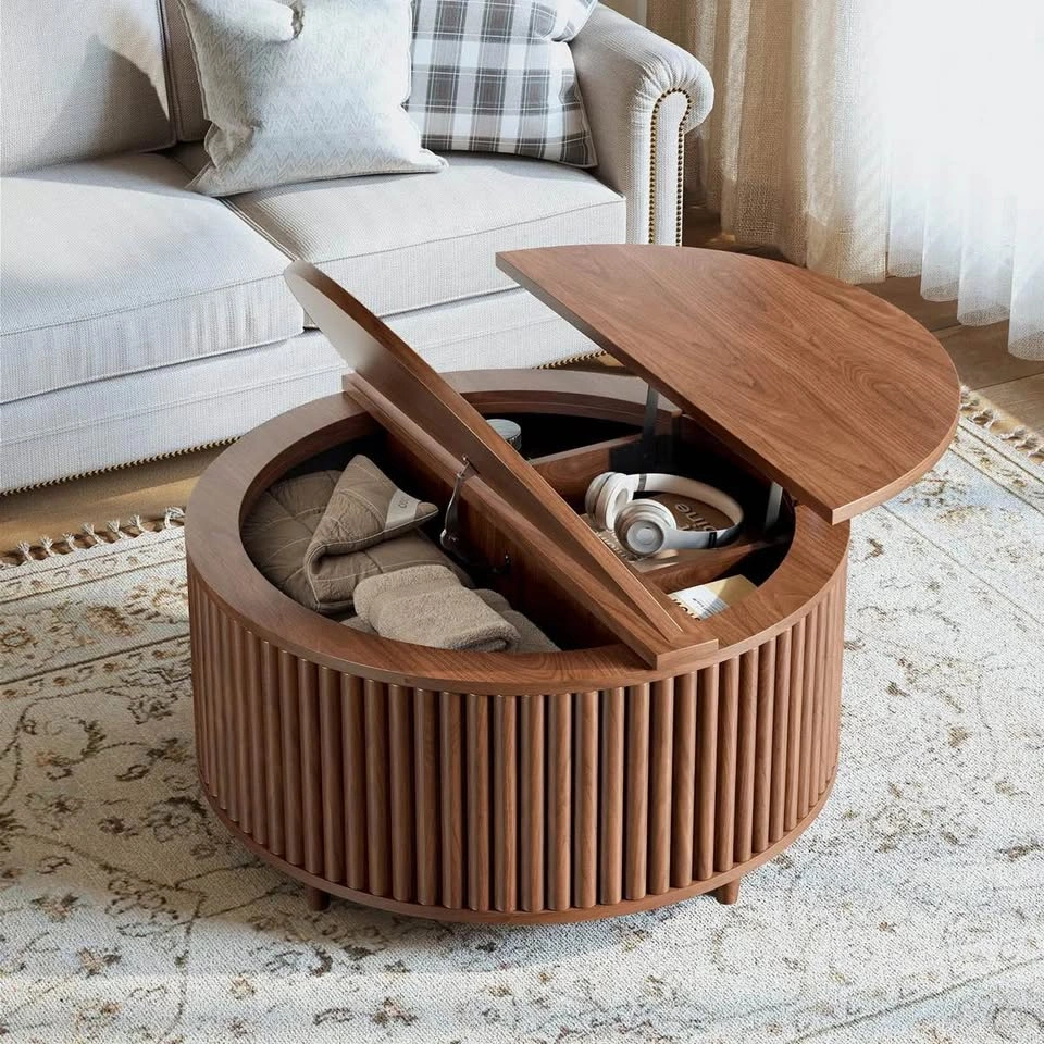31.5" Round Fluted Lift-Top Coffee Table with Storage - Mid-Cent - photo 2