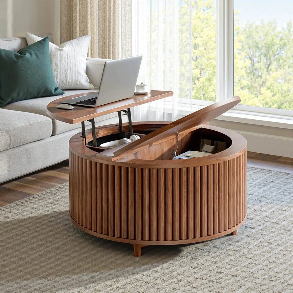 31.5" Round Fluted Lift-Top Coffee Table with Storage - Mid-Cent - photo 3