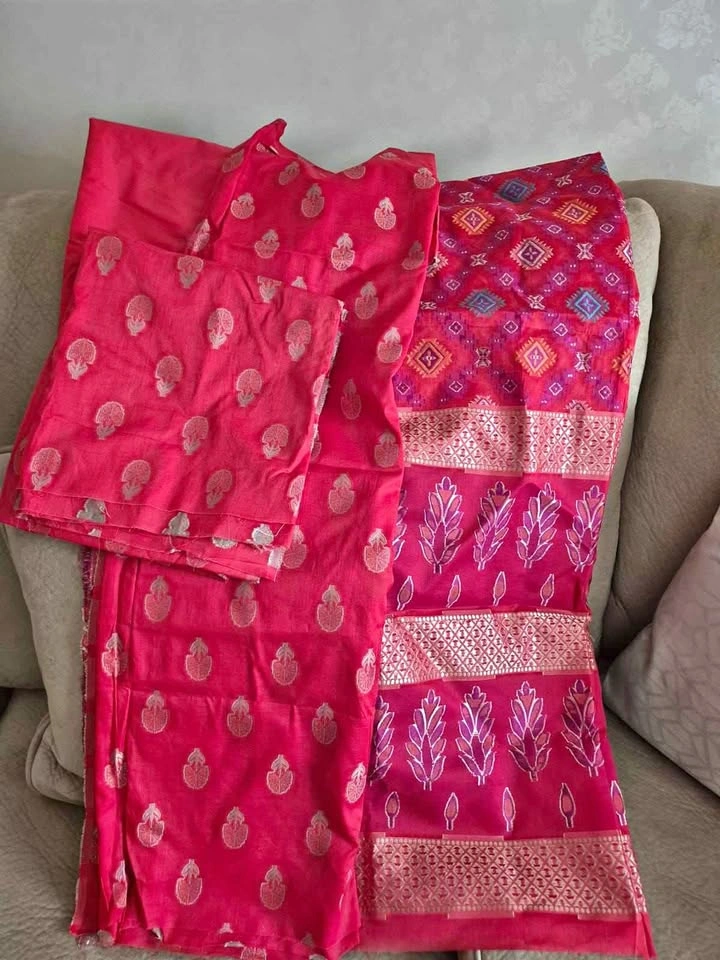 Red Pink unstitched cotton 3 piece suit with gold highlight deta