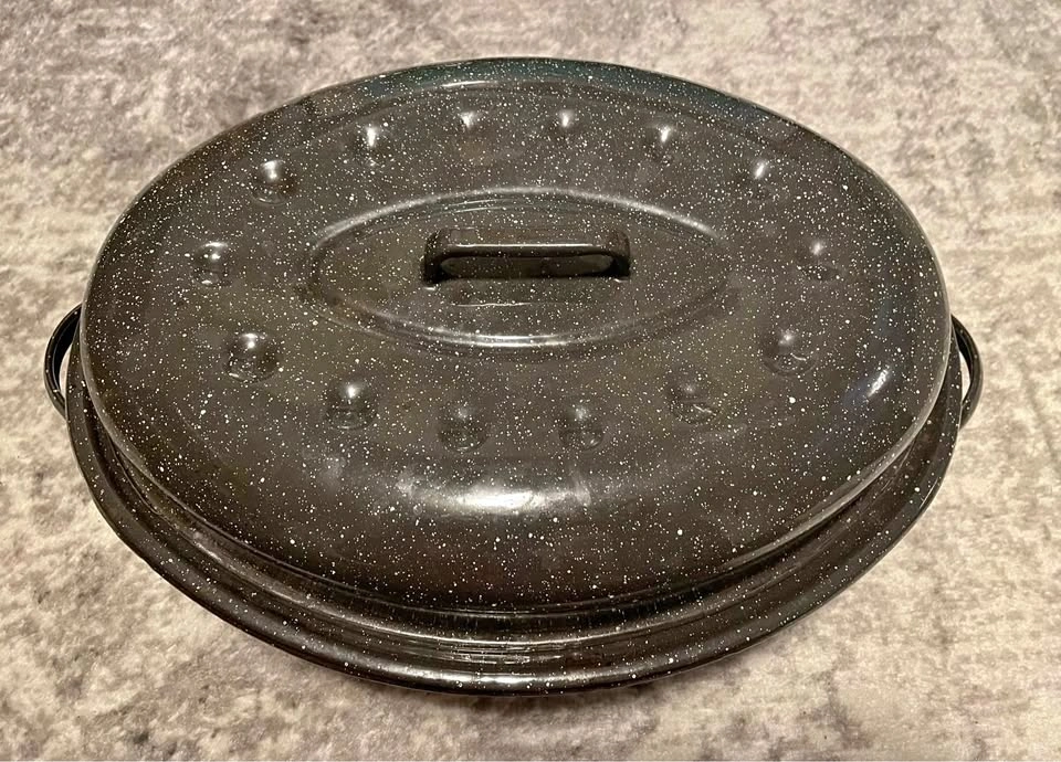 Vintage Large Speckled Enamel Roasting Pan with Lid