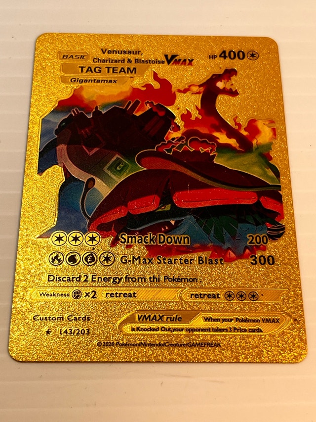 Custom Gold Metal Pokemon Card - Venusaur Charizard Blastoise VM