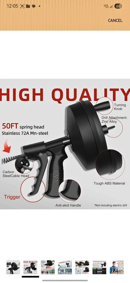 Drain Clog Remover - Manual/Drill Powered Snake