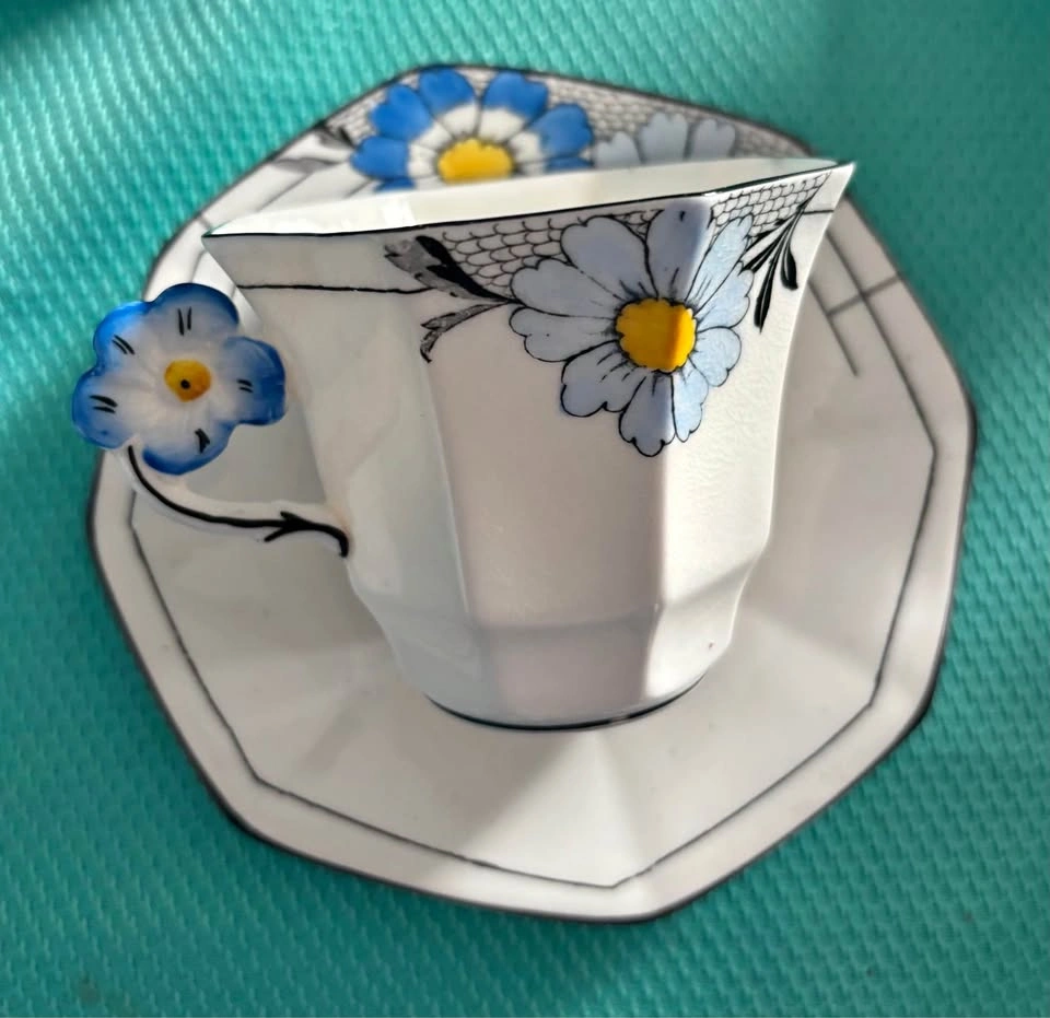 Vintage Melba Bone China Art Deco Blue Daisy Teacup & Saucer