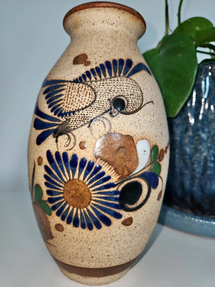 Vintage Tonala Pottery Mexican Vase - Hand-Painted Bird & Floral