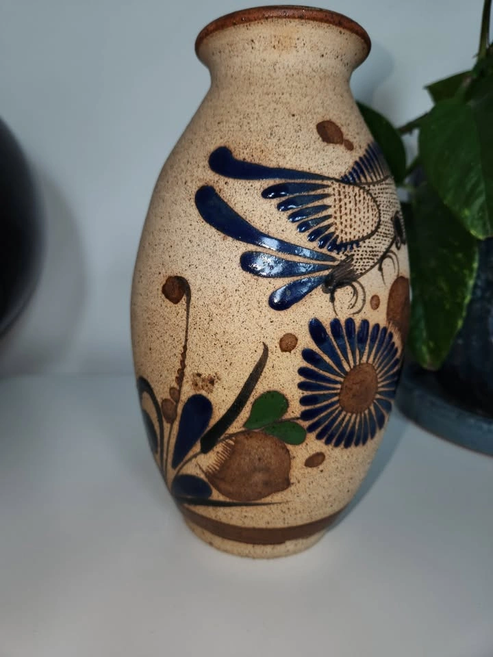 Vintage Tonala Pottery Mexican Vase - Hand-Painted Bird & Floral - photo 2