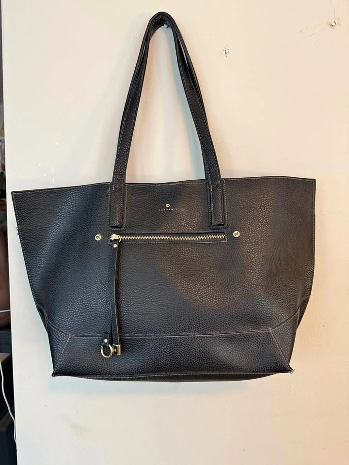 Travanti Tote Bag in Black Pebbled Leather with Makeup Bag
