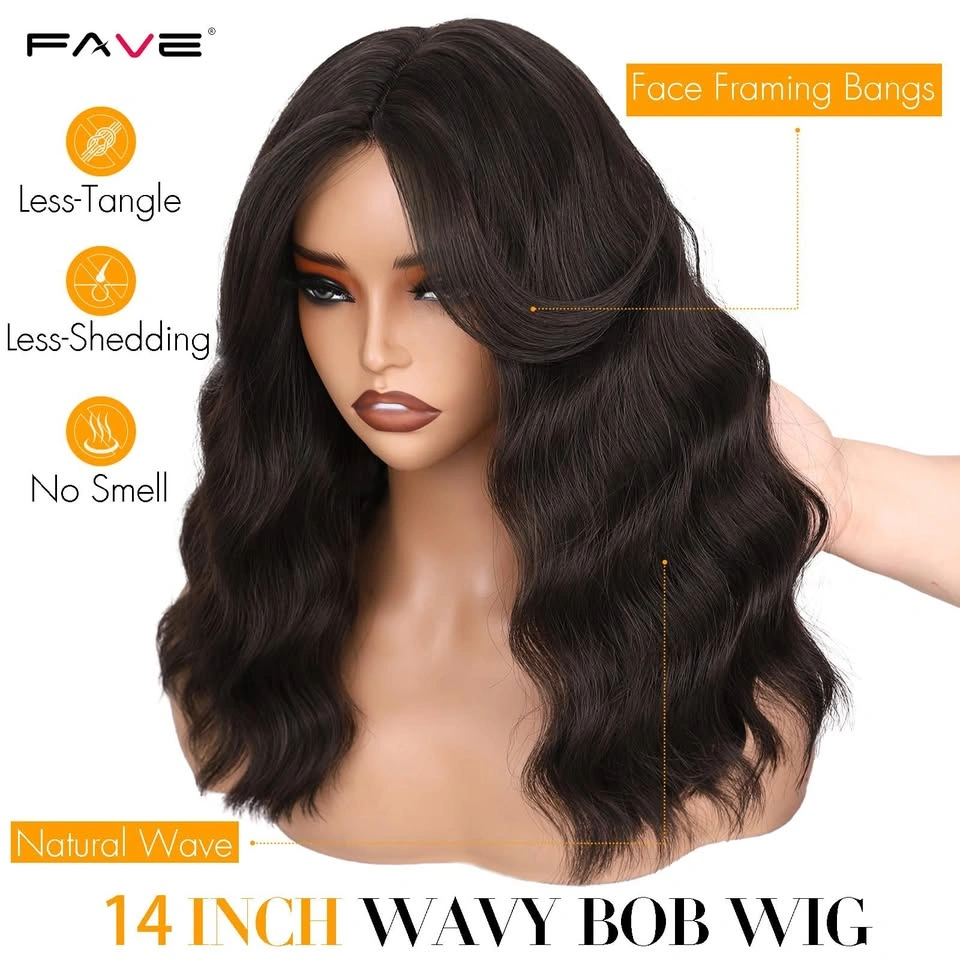 FAVE 14 inch Wavy Bob Wig Natural Brown Synthetic with Curtain B - photo 3