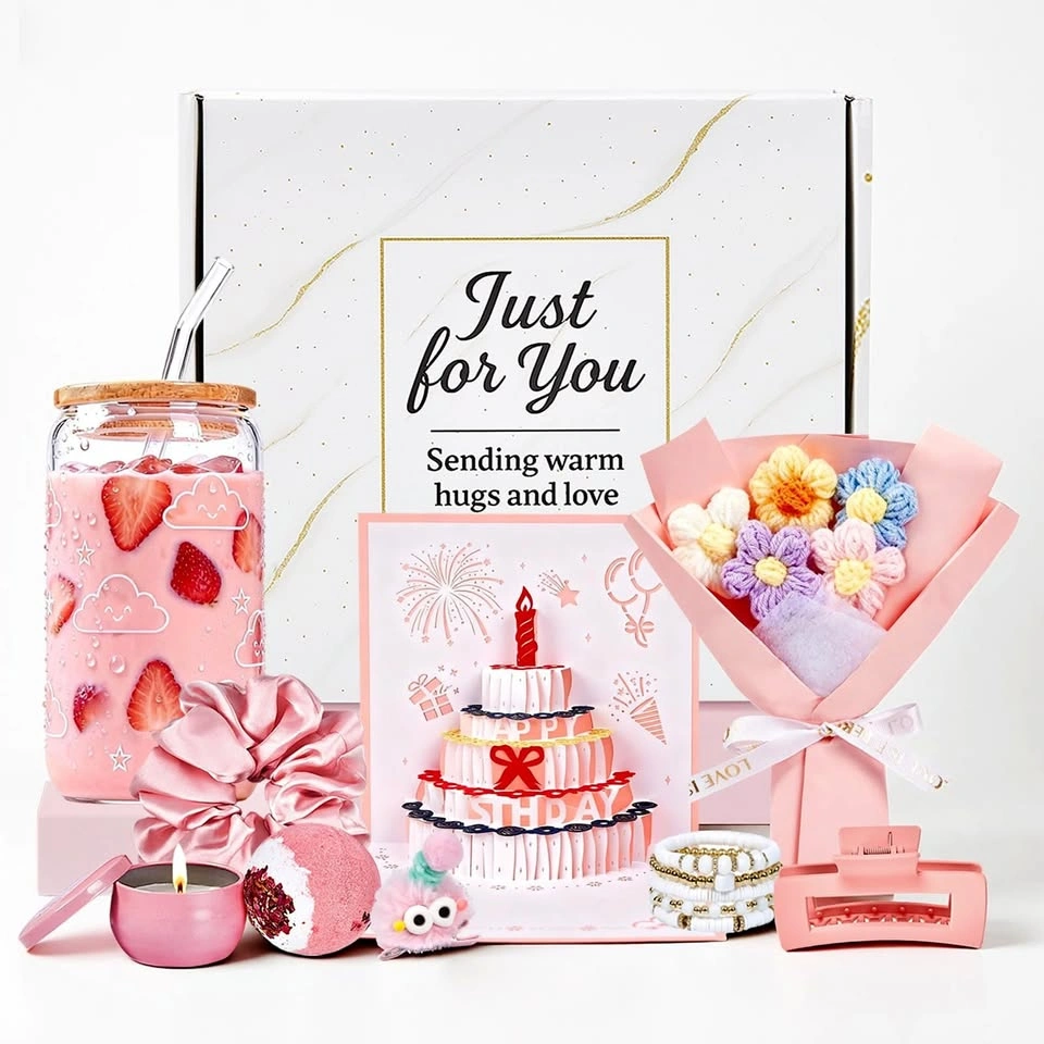 Cute Birthday Gift Set w/ Cloud Glass Cup & Crochet Flowers