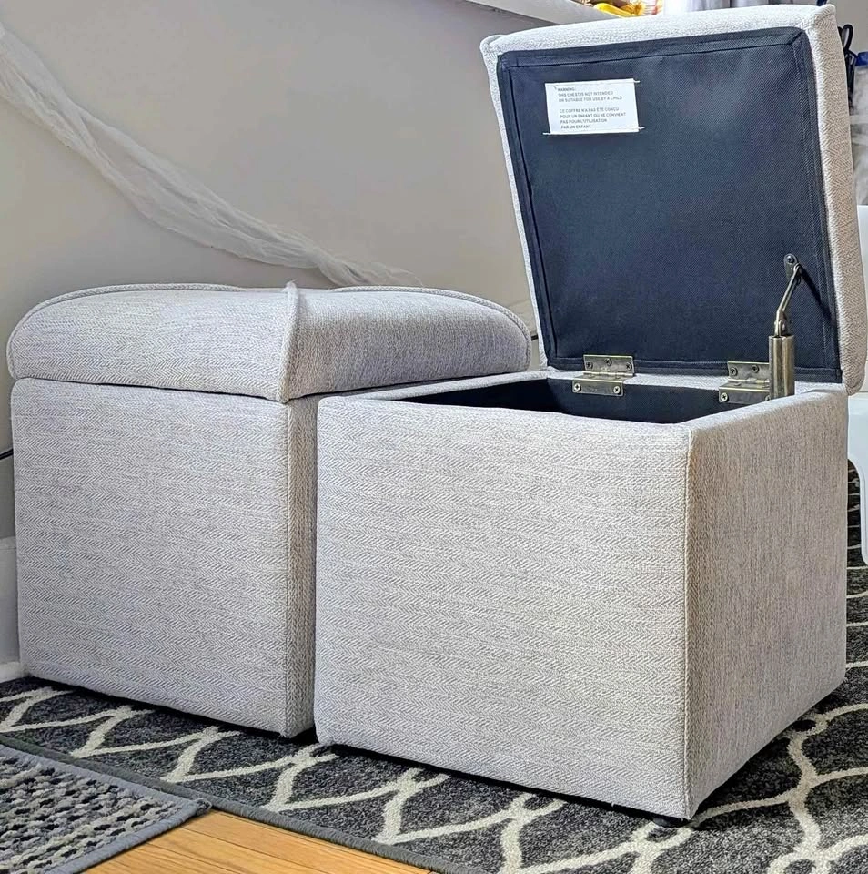 2 Light Gray Upholstered Storage Ottomans