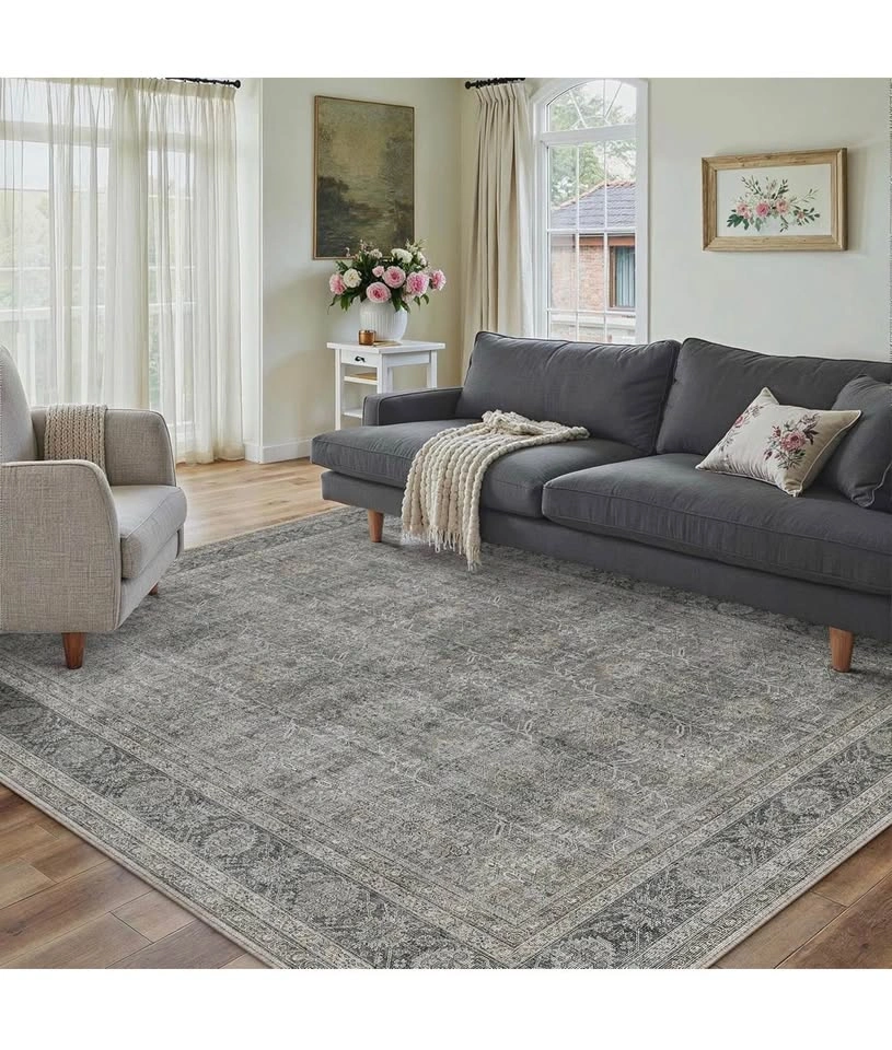 Vintage Area Rug 4x5 Grey Brown Entryway Office Washable Carpet - photo 2