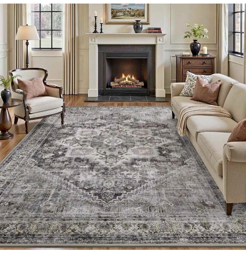 Brand New 8x10 Grey Area Rug - Machine Washable Vintage Floral