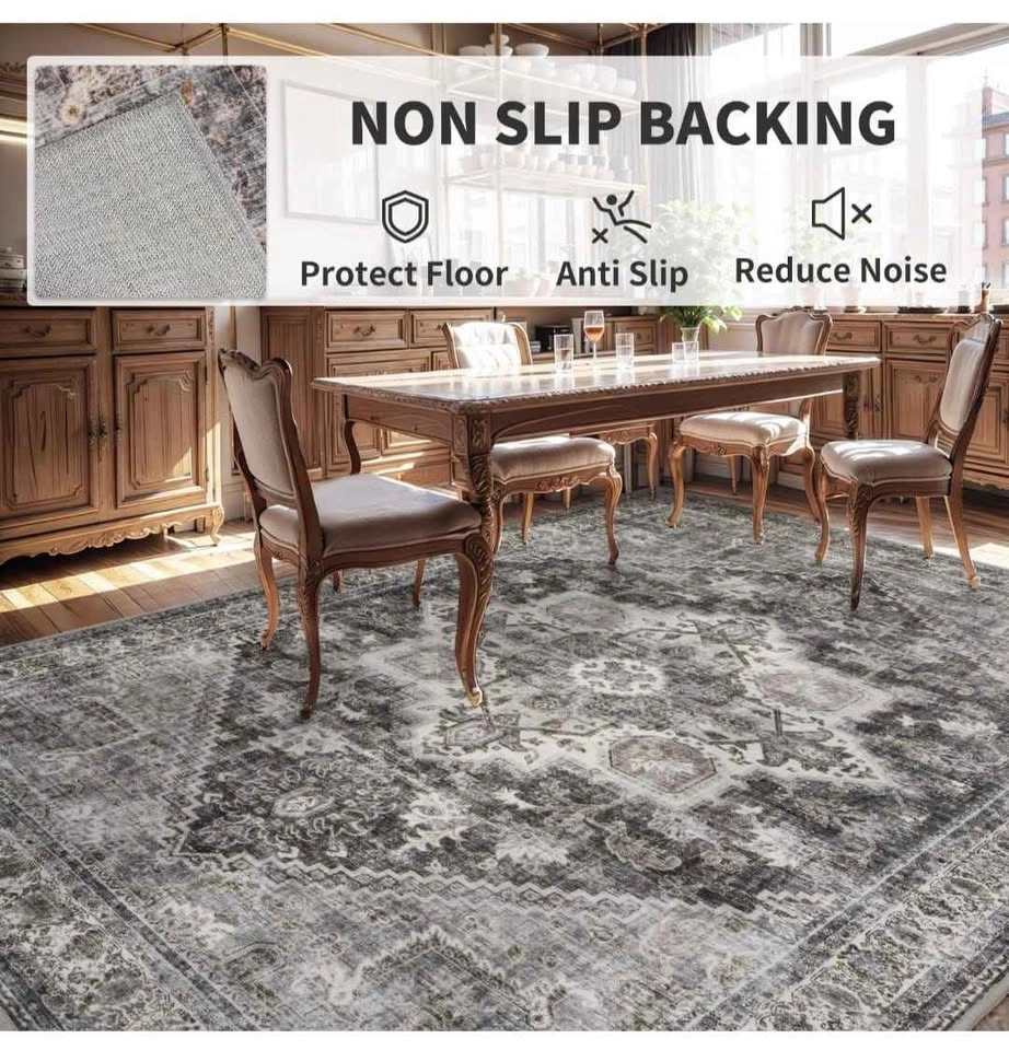 Brand New 8x10 Grey Area Rug - Machine Washable Vintage Floral - photo 4