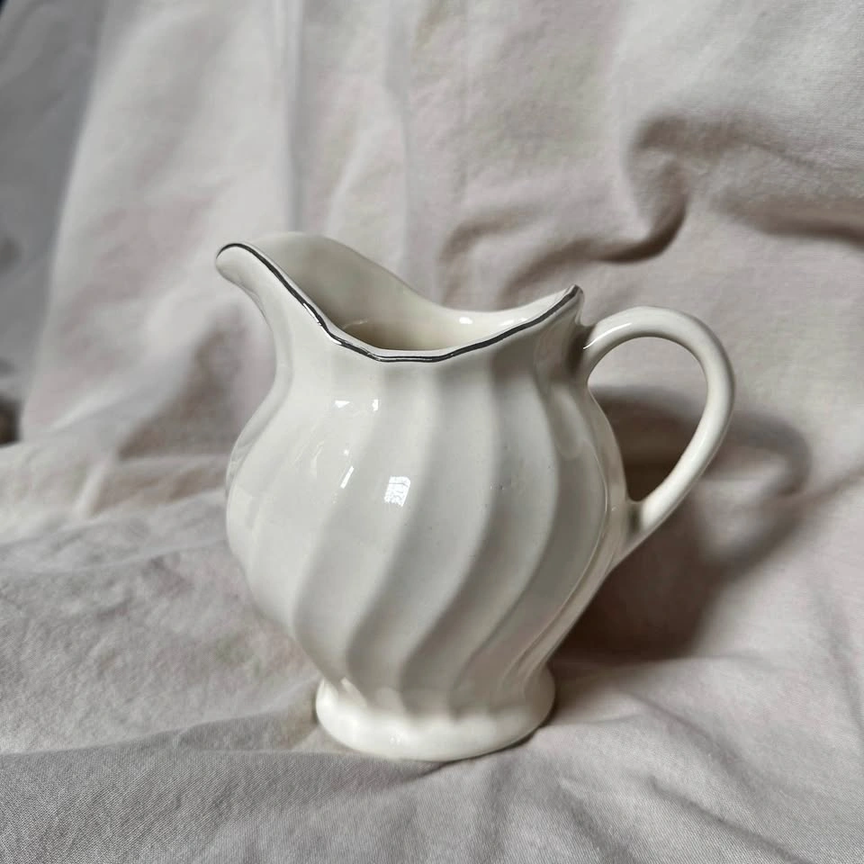 Vintage White Swirl Creamer - Silver Rimmed Pitcher