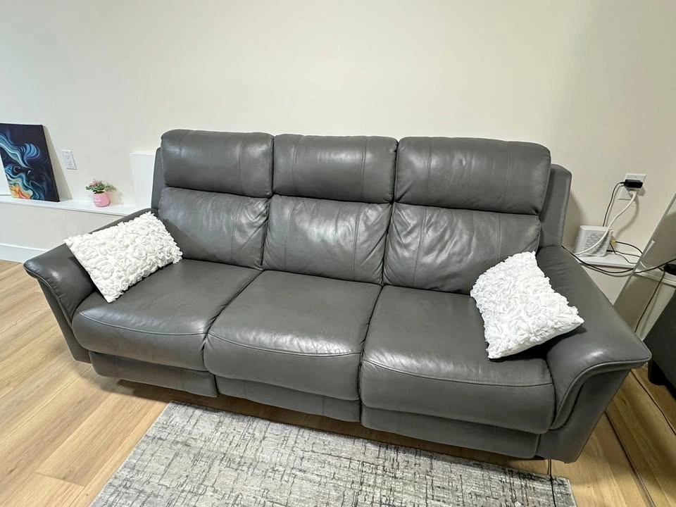 7ft Grey Leather Power Recliner Sofa - Excellent Condition