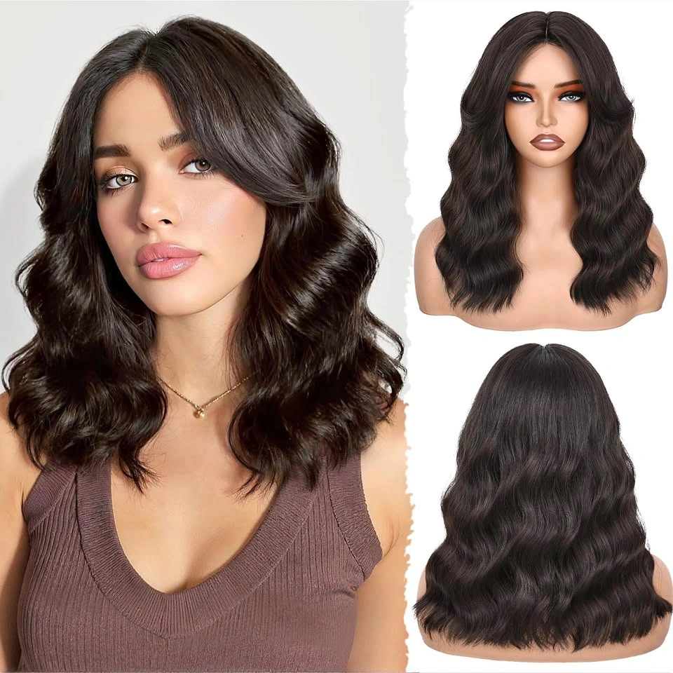 FAVE 14 inch Wavy Bob Wig Natural Brown Synthetic with Curtain B