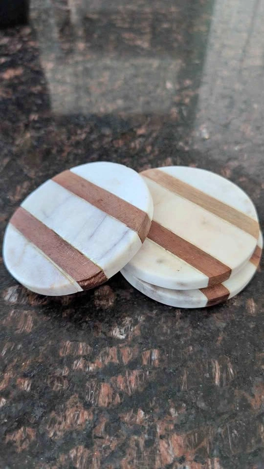 Marble and Wood Striped Coasters Set of 3