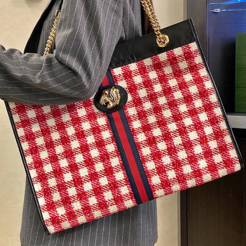 Gucci Gg Rajah Red and White Tweed Chain Large Tote Bag 537219