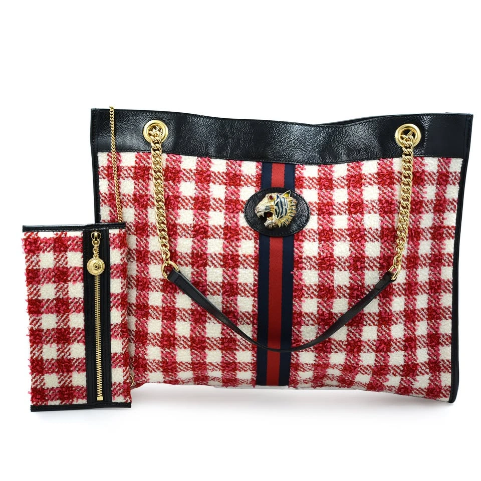 Gucci Gg Rajah Red and White Tweed Chain Large Tote Bag 537219 - photo 3