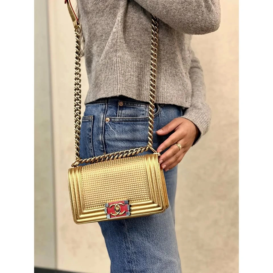 Chanel Boy Metallic Gold Cube Embossed Leather Flap Crossbody Ba