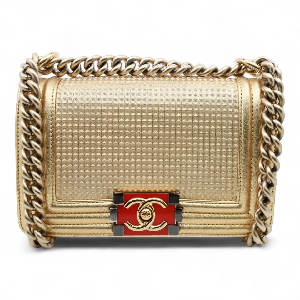 Chanel Boy Metallic Gold Cube Embossed Leather Flap Crossbody Ba - photo 2