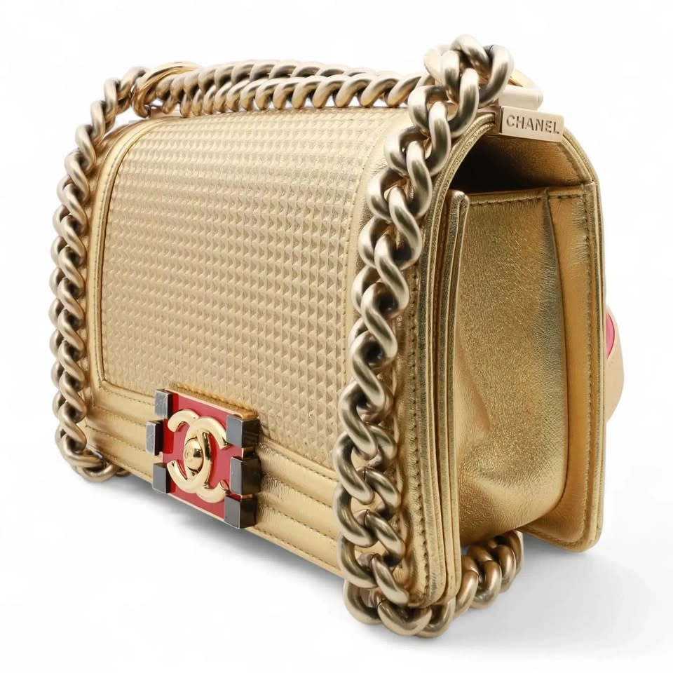 Chanel Boy Metallic Gold Cube Embossed Leather Flap Crossbody Ba - photo 3