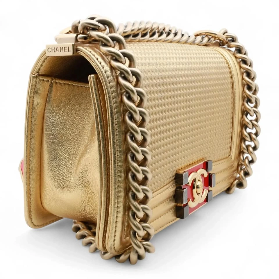 Chanel Boy Metallic Gold Cube Embossed Leather Flap Crossbody Ba - photo 5