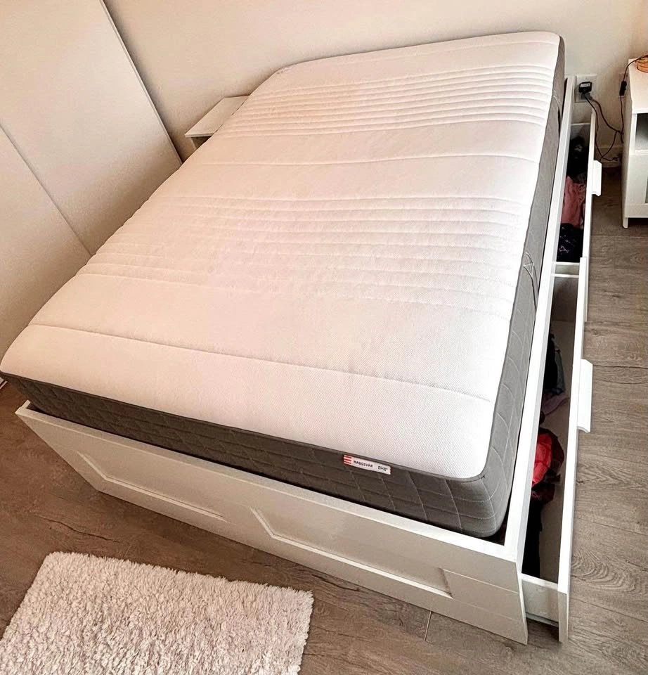White Double Bed Frame with Storage and Mattress - photo 2