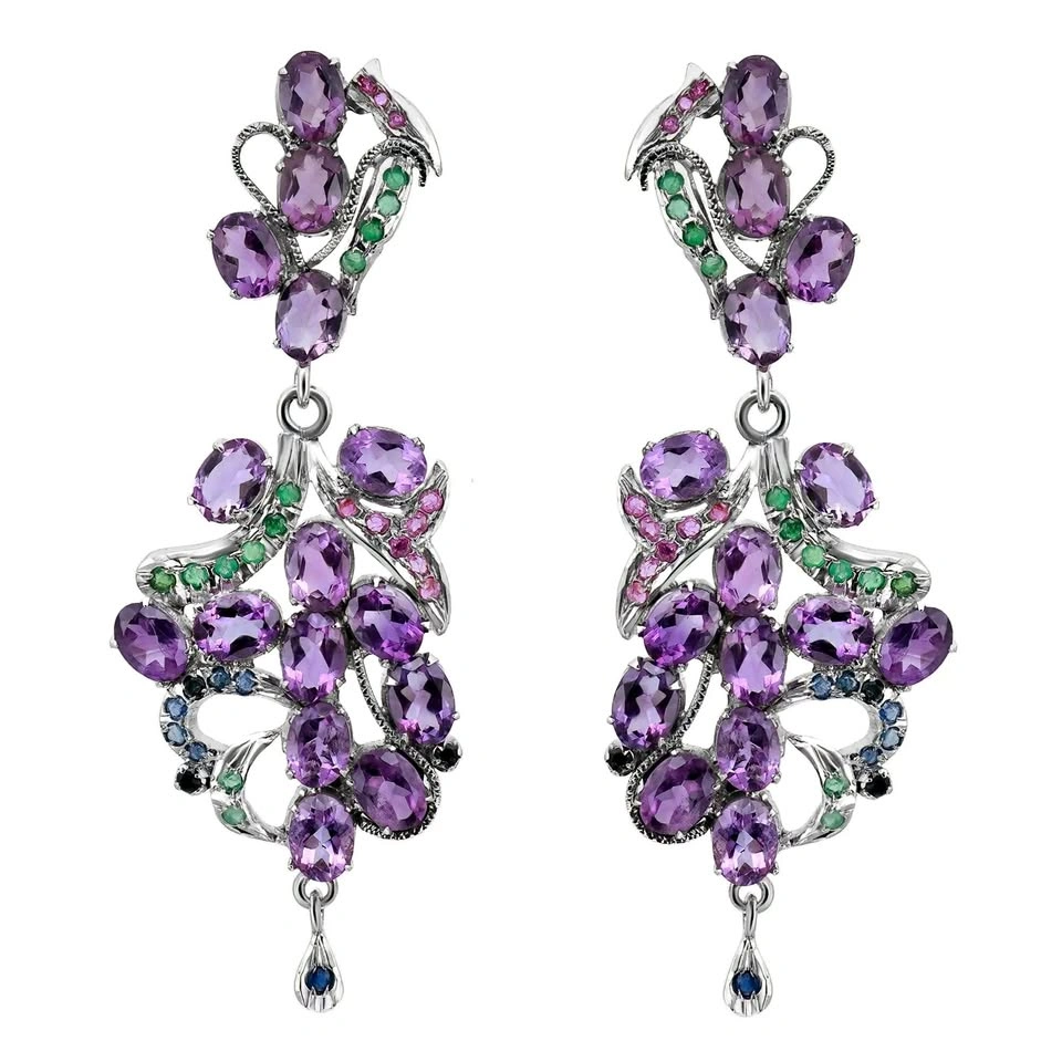 Amethyst Emerald Ruby Sapphire Drop Earrings 90% Silver