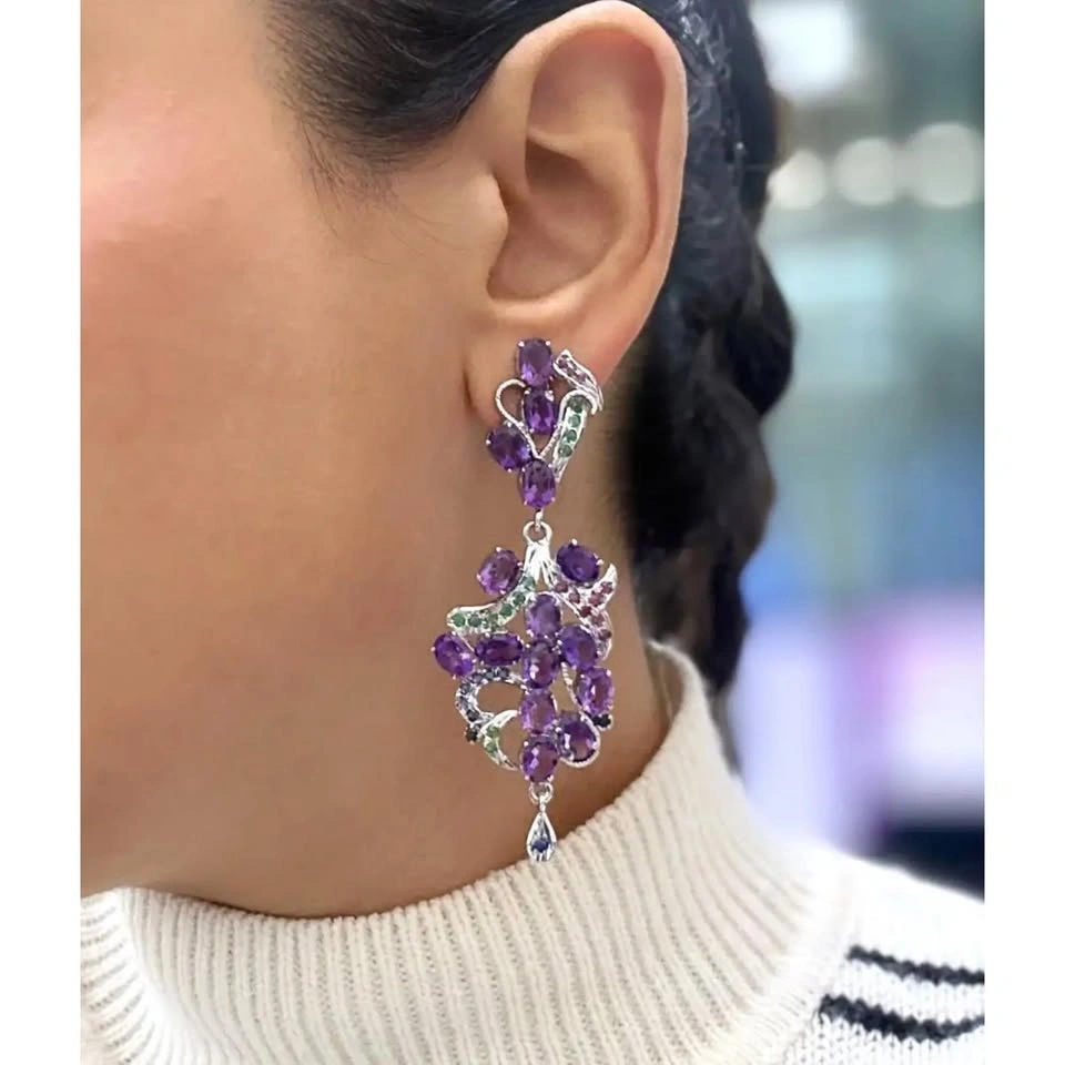 Amethyst Emerald Ruby Sapphire Drop Earrings 90% Silver - photo 2